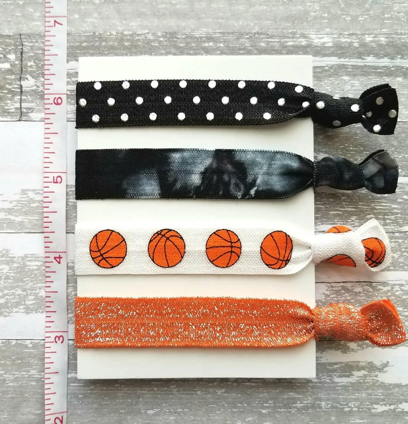 Basketball Hair Tie Set - orange black sports ball hoops net player coach mom fan gift - polka dot sparkle tie dye elastic knot band ribbon