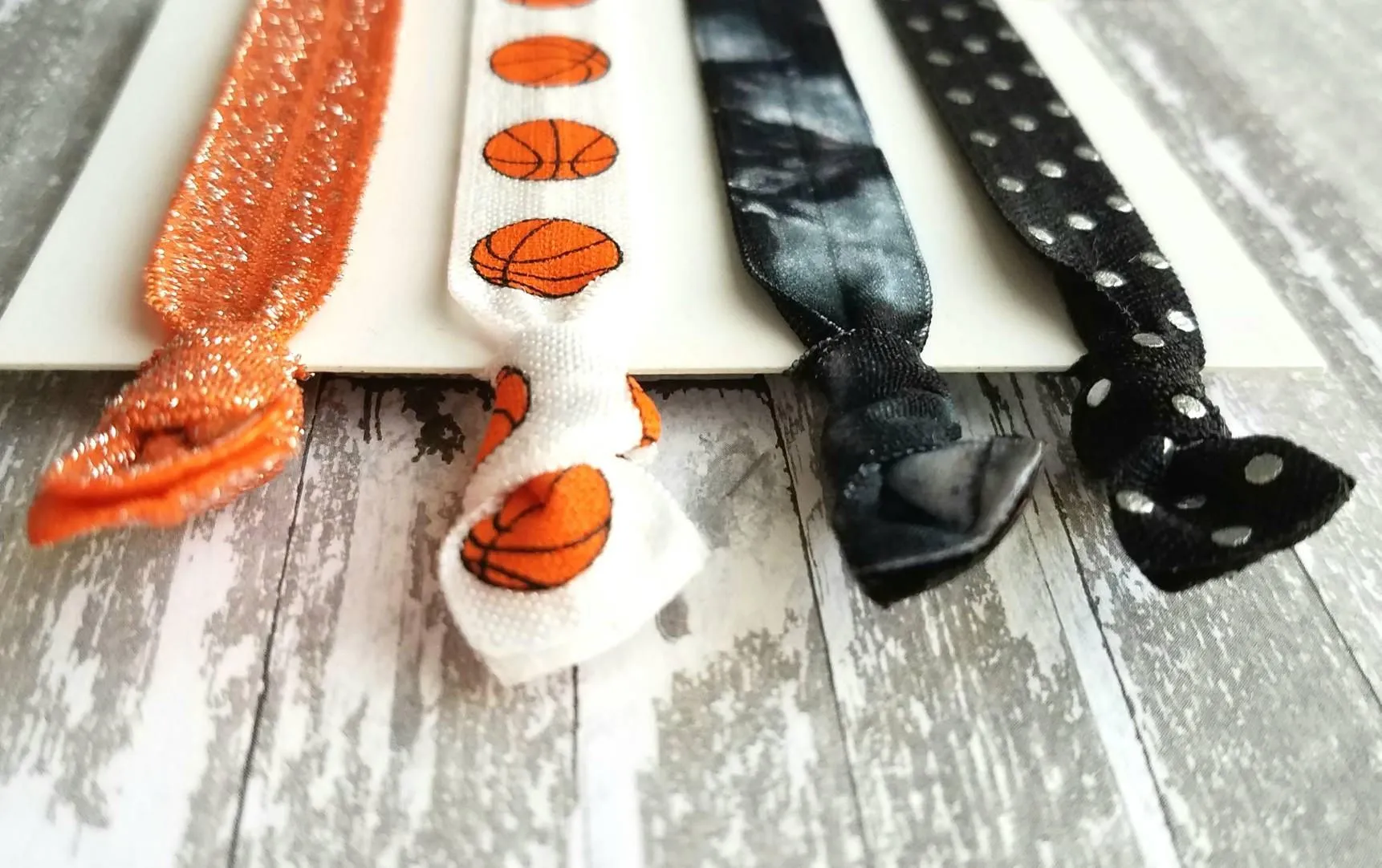 Basketball Hair Tie Set - orange black sports ball hoops net player coach mom fan gift - polka dot sparkle tie dye elastic knot band ribbon