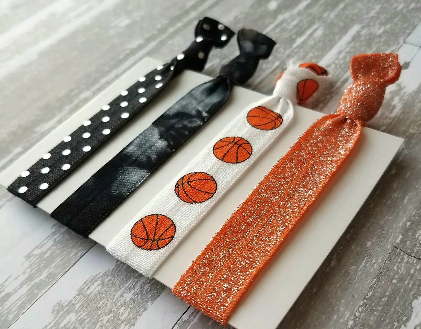 Basketball Hair Tie Set - orange black sports ball hoops net player coach mom fan gift - polka dot sparkle tie dye elastic knot band ribbon