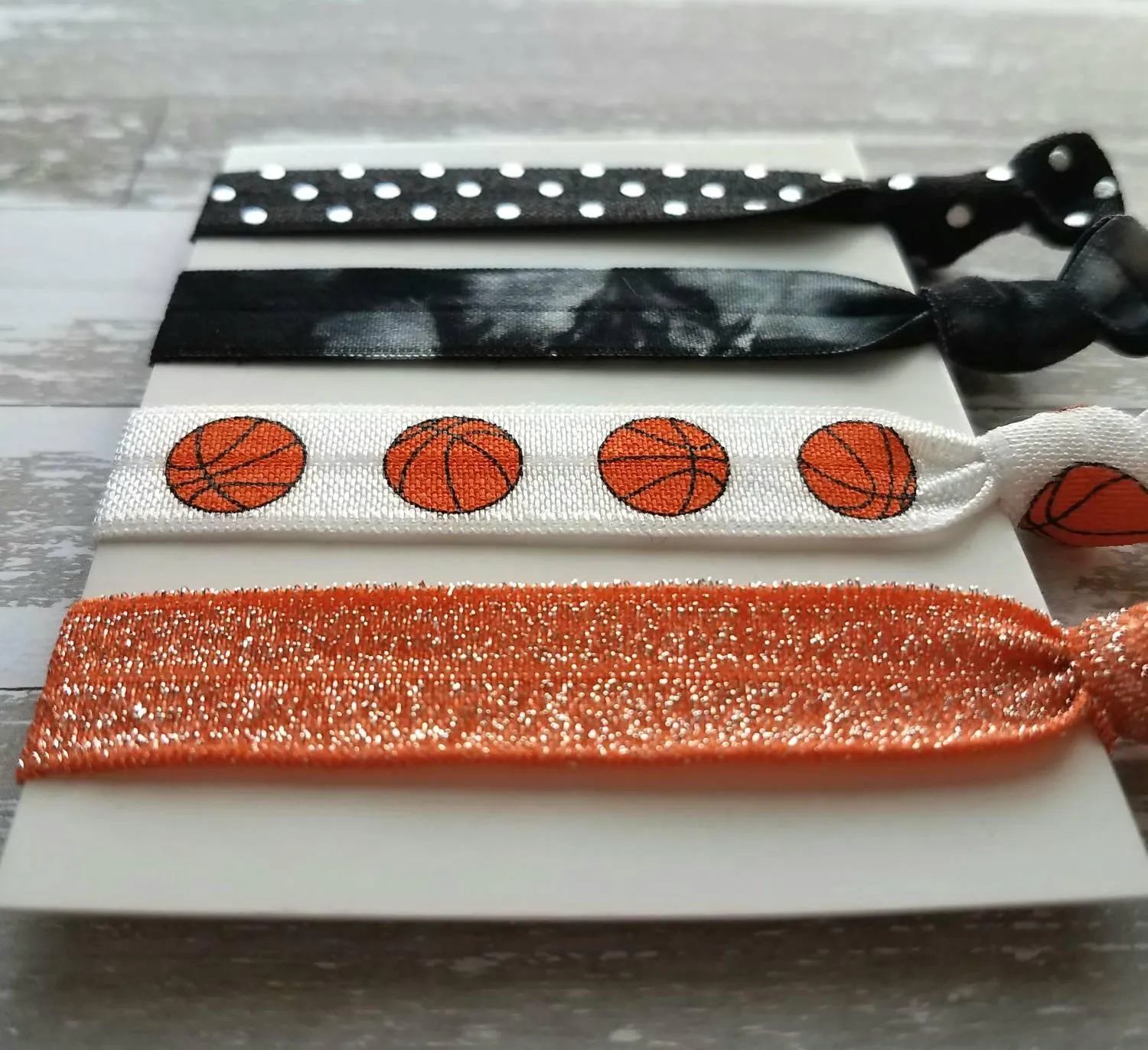 Basketball Hair Tie Set - orange black sports ball hoops net player coach mom fan gift - polka dot sparkle tie dye elastic knot band ribbon