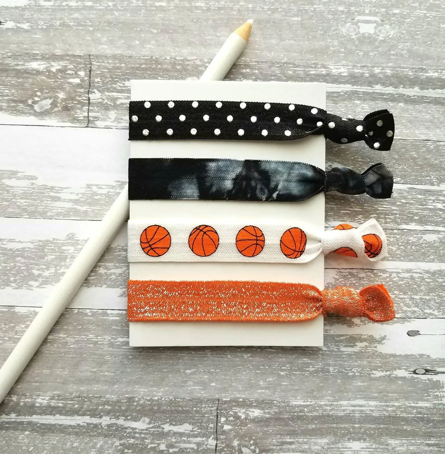 Basketball Hair Tie Set - orange black sports ball hoops net player coach mom fan gift - polka dot sparkle tie dye elastic knot band ribbon