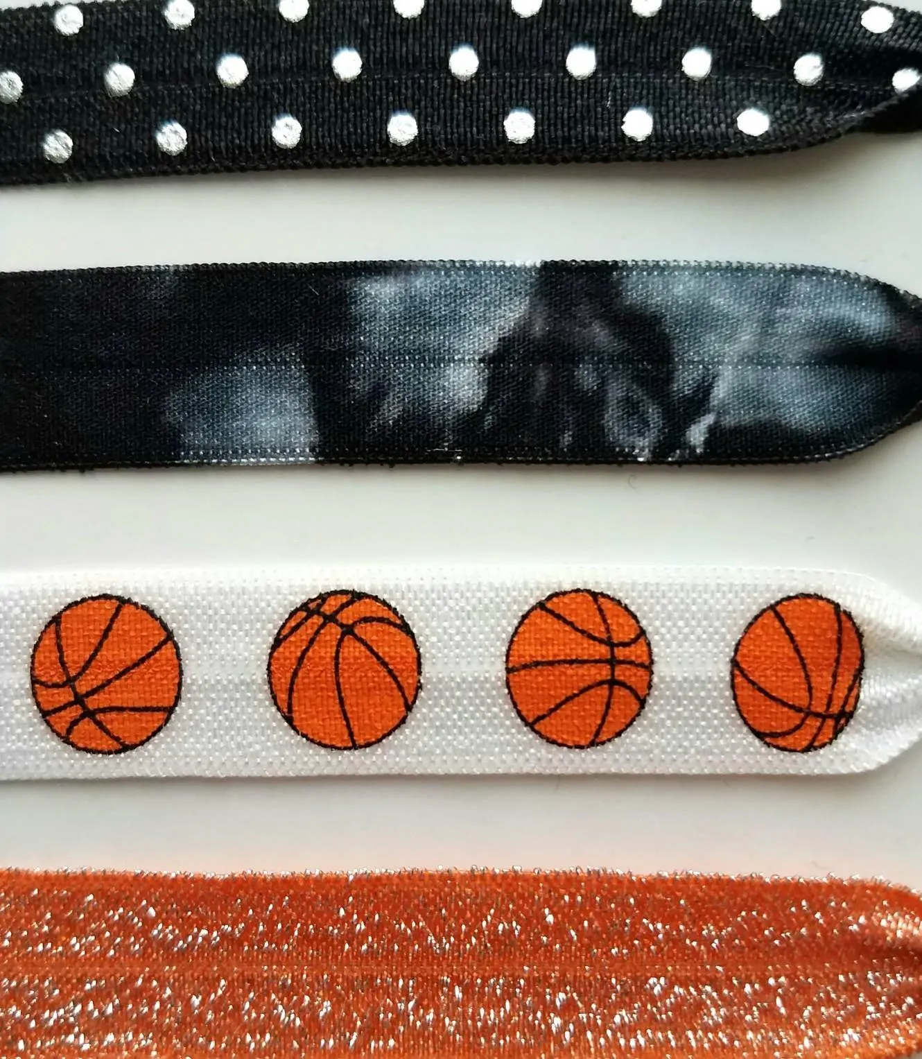 Basketball Hair Tie Set - orange black sports ball hoops net player coach mom fan gift - polka dot sparkle tie dye elastic knot band ribbon