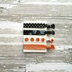 Basketball Hair Tie Set - orange black sports ball hoops net player coach mom fan gift - polka dot sparkle tie dye elastic knot band ribbon