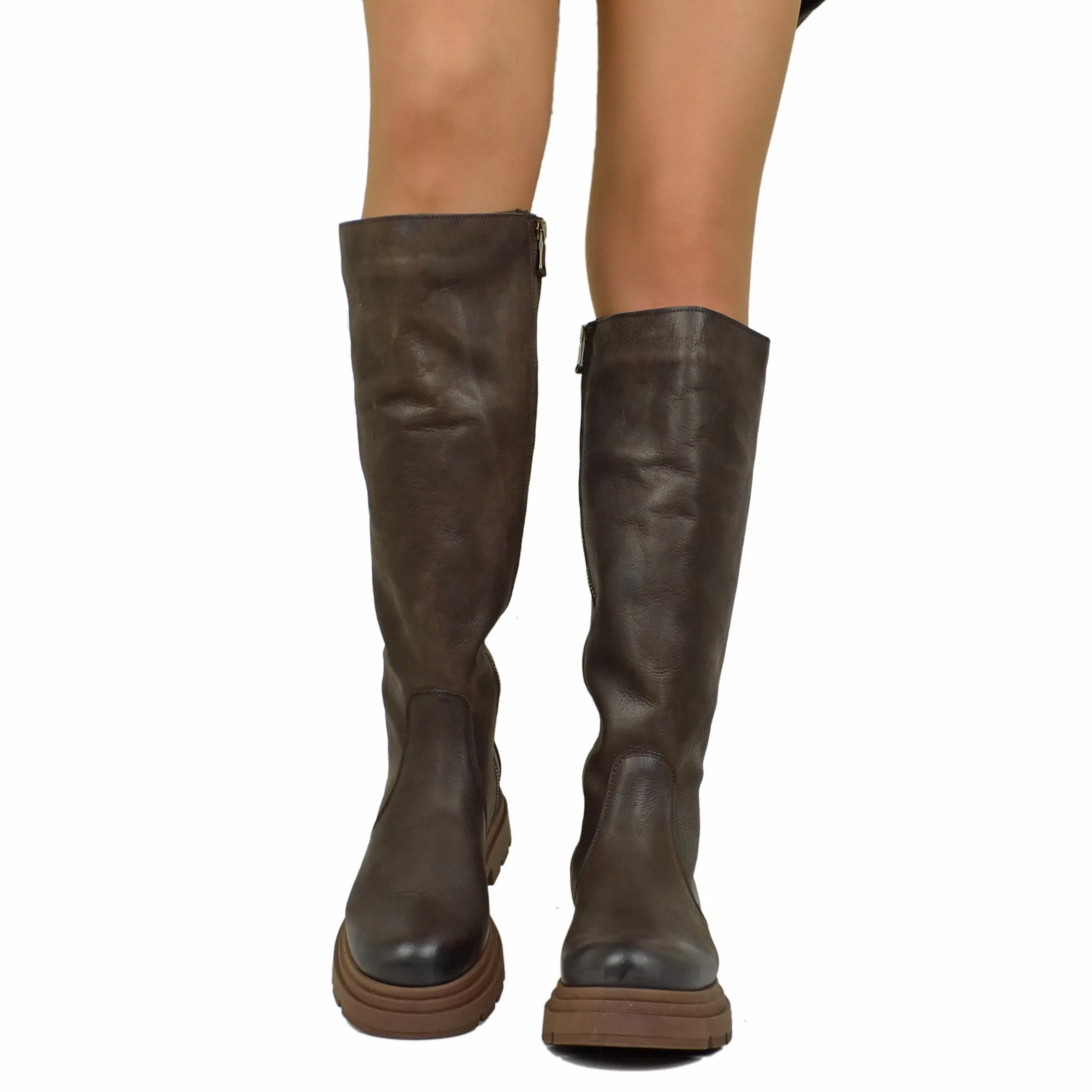 Biker Boots Platform Alti Gambale Aderente con Zip Pelle Marroni