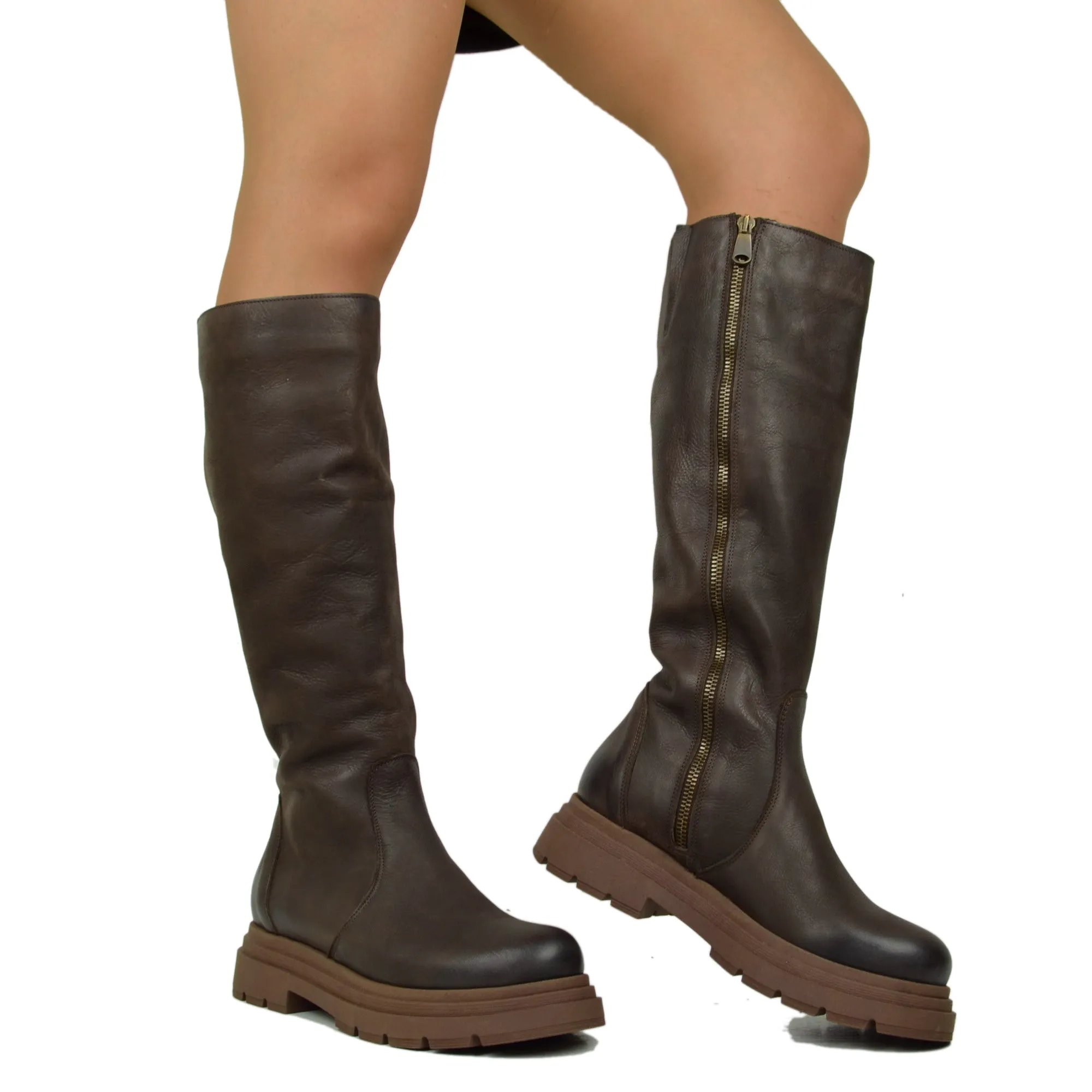 Biker Boots Platform Alti Gambale Aderente con Zip Pelle Marroni