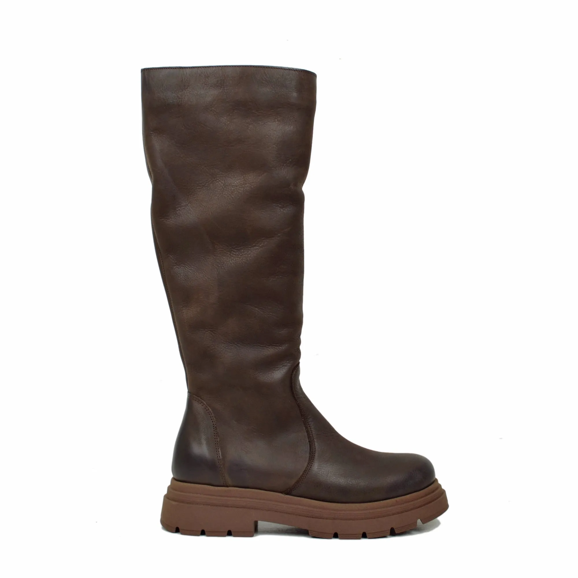 Biker Boots Platform Alti Gambale Aderente con Zip Pelle Marroni