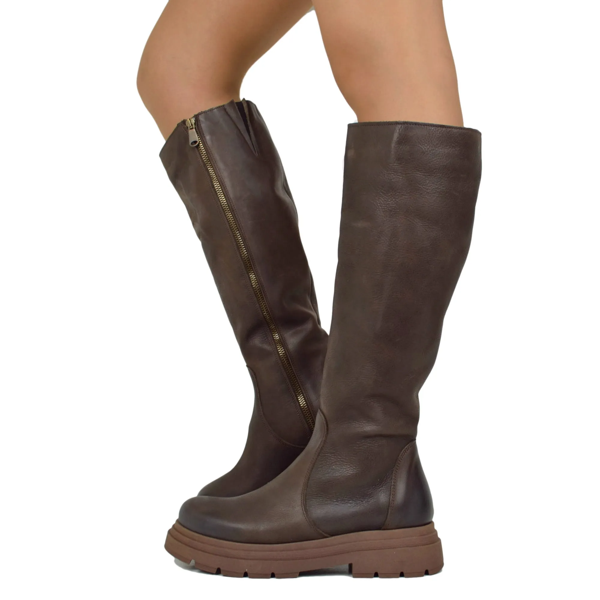 Biker Boots Platform Alti Gambale Aderente con Zip Pelle Marroni