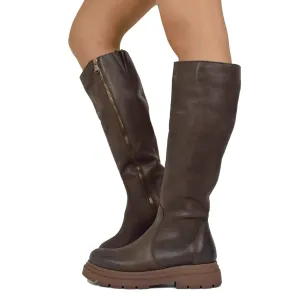 Biker Boots Platform Alti Gambale Aderente con Zip Pelle Marroni
