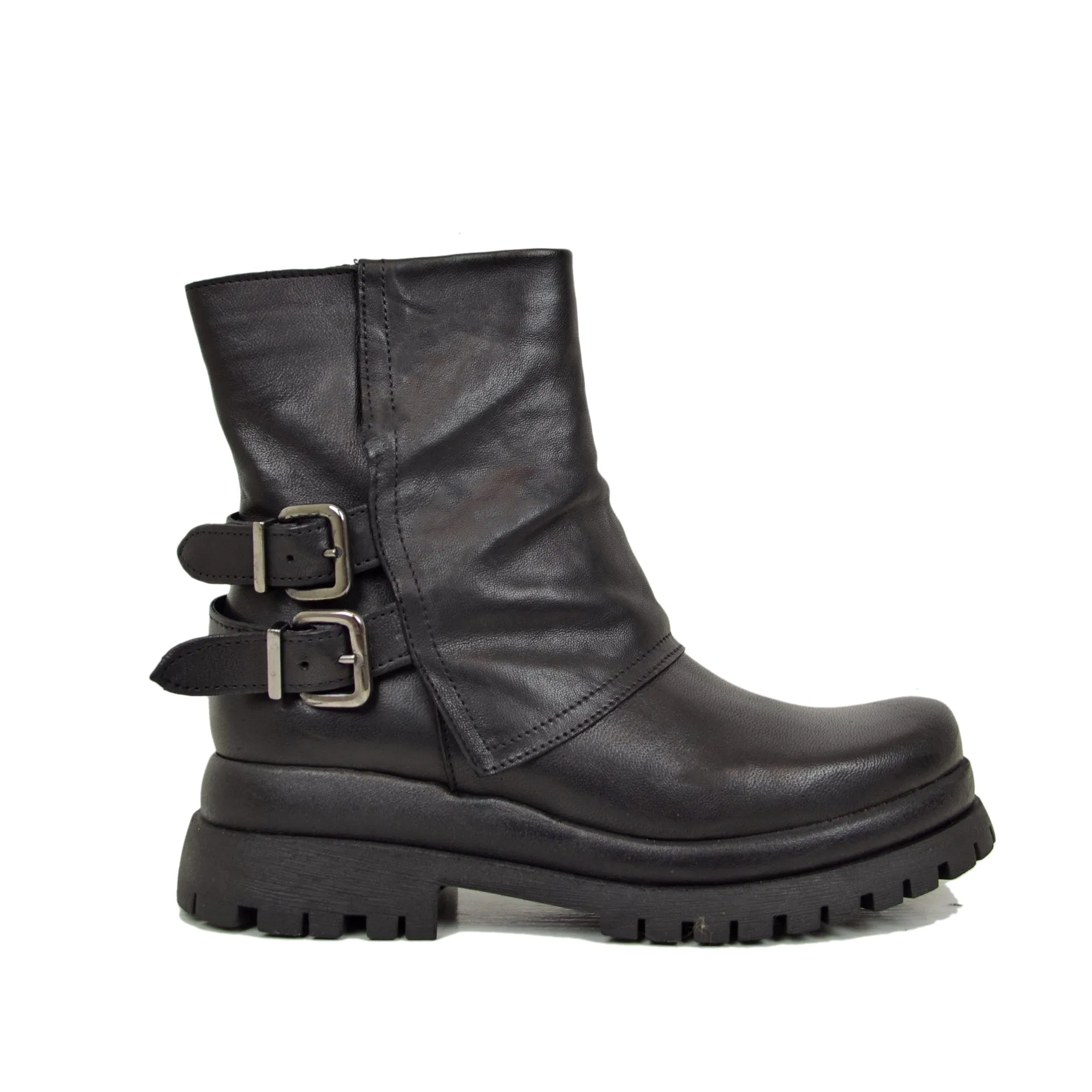 Biker Boots Platform con Ghetta e Zip Laterale Vera Pelle Neri