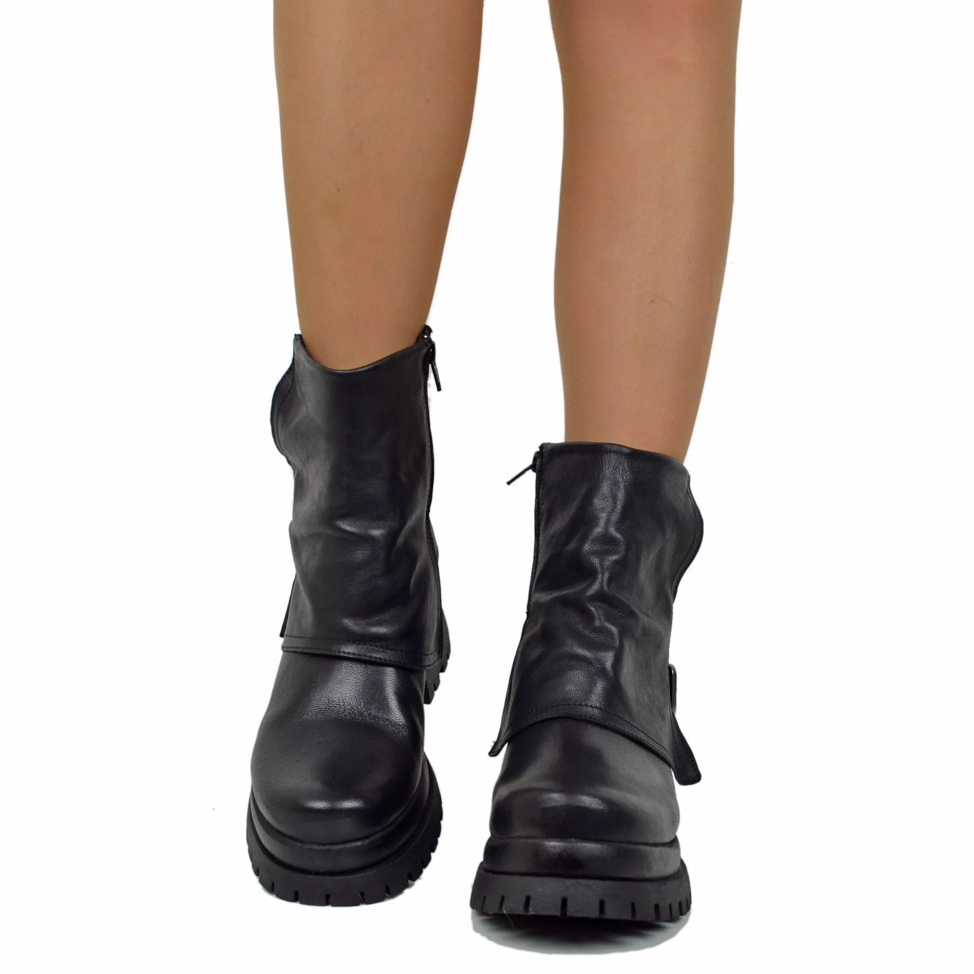 Biker Boots Platform con Ghetta e Zip Laterale Vera Pelle Neri