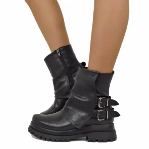 Biker Boots Platform con Ghetta e Zip Laterale Vera Pelle Neri