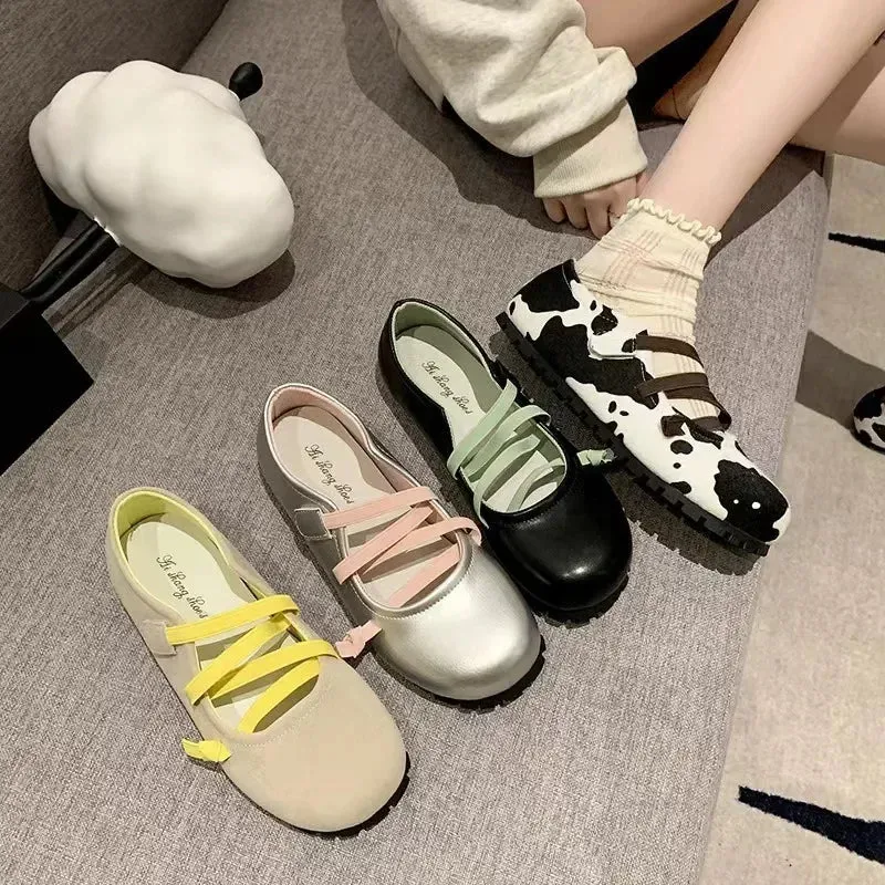 binfenxie  -  New Cow Pattern Round Toe Ballet Flats Woman Brand Design Slip-on Shallow Loafers Ladies Soft Cross Elastic Band Ballerina Shoes