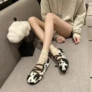 binfenxie  -  New Cow Pattern Round Toe Ballet Flats Woman Brand Design Slip-on Shallow Loafers Ladies Soft Cross Elastic Band Ballerina Shoes