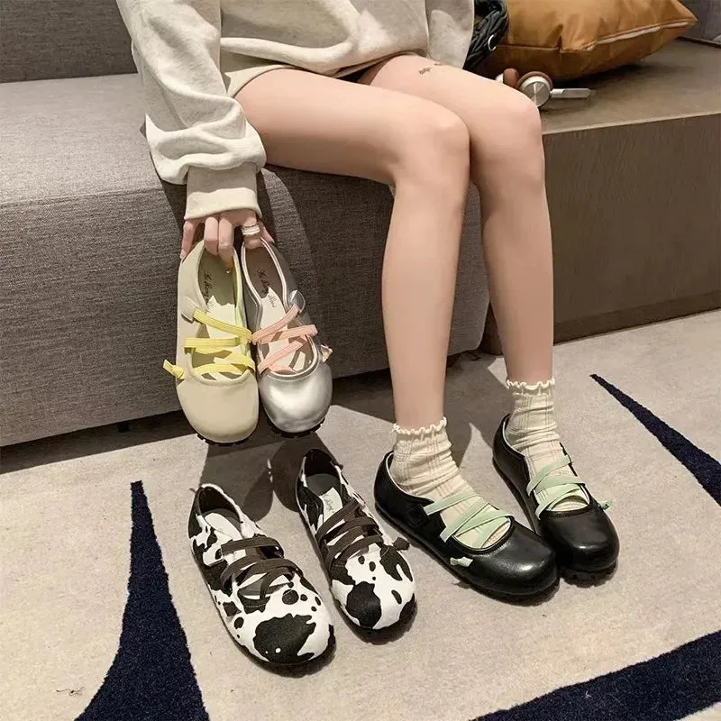binfenxie  -  New Cow Pattern Round Toe Ballet Flats Woman Brand Design Slip-on Shallow Loafers Ladies Soft Cross Elastic Band Ballerina Shoes