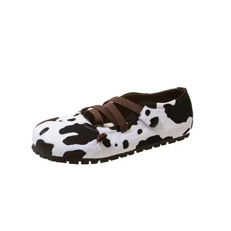 binfenxie  -  New Cow Pattern Round Toe Ballet Flats Woman Brand Design Slip-on Shallow Loafers Ladies Soft Cross Elastic Band Ballerina Shoes