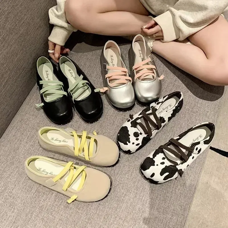 binfenxie  -  New Cow Pattern Round Toe Ballet Flats Woman Brand Design Slip-on Shallow Loafers Ladies Soft Cross Elastic Band Ballerina Shoes