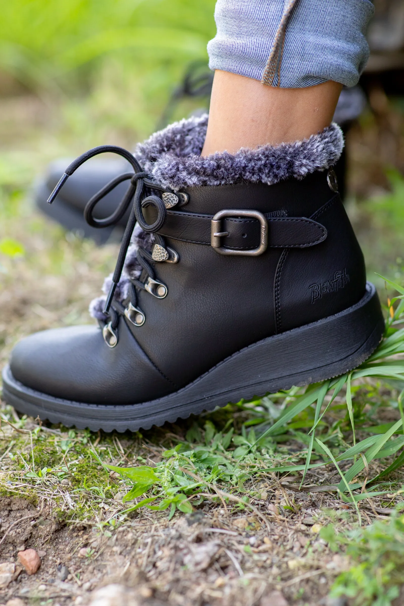Black Lace Up Boots With Faux Fur Detail