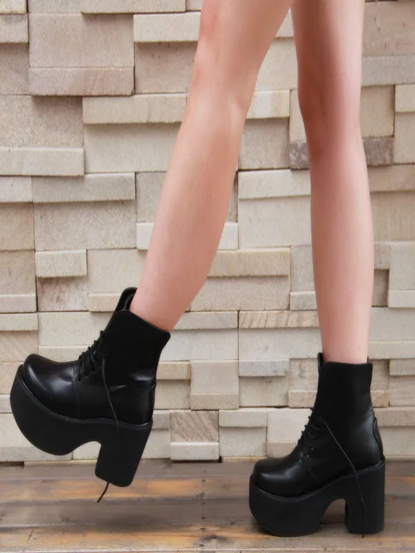 Black Lolita Boots Chunky Heel Platform Lace Up Short Boots