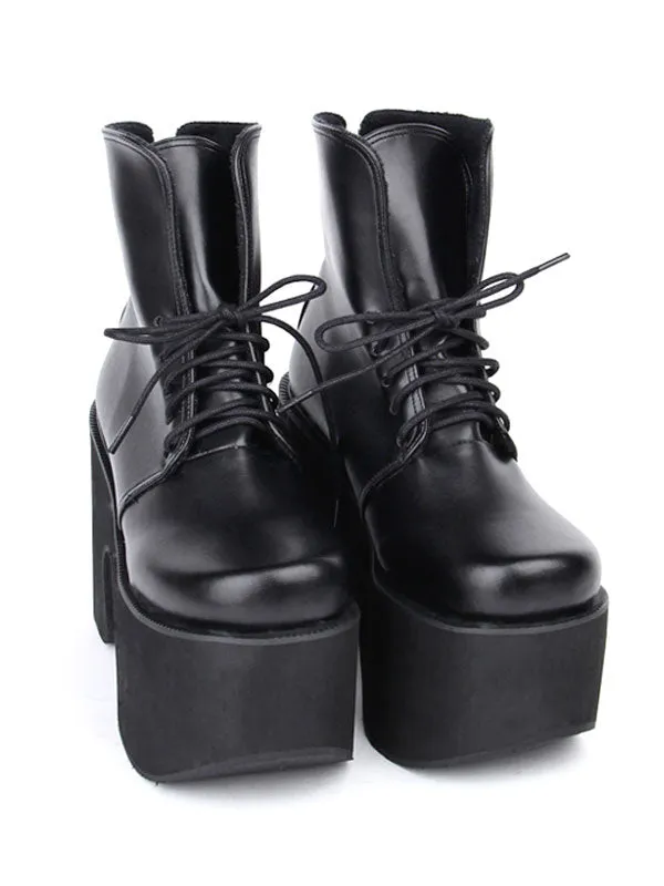 Black Lolita Boots Chunky Heel Platform Lace Up Short Boots