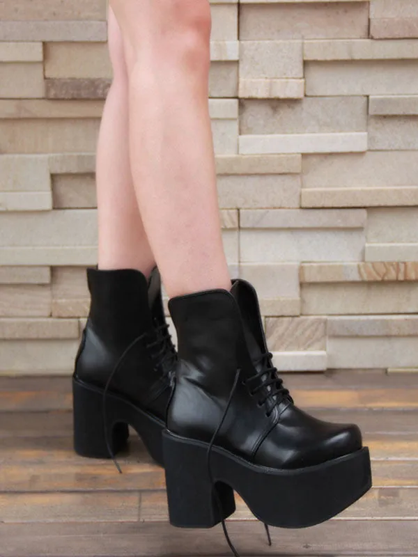 Black Lolita Boots Chunky Heel Platform Lace Up Short Boots