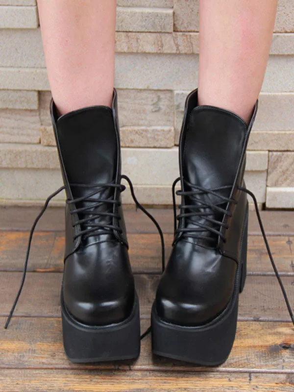 Black Lolita Boots Chunky Heel Platform Lace Up Short Boots