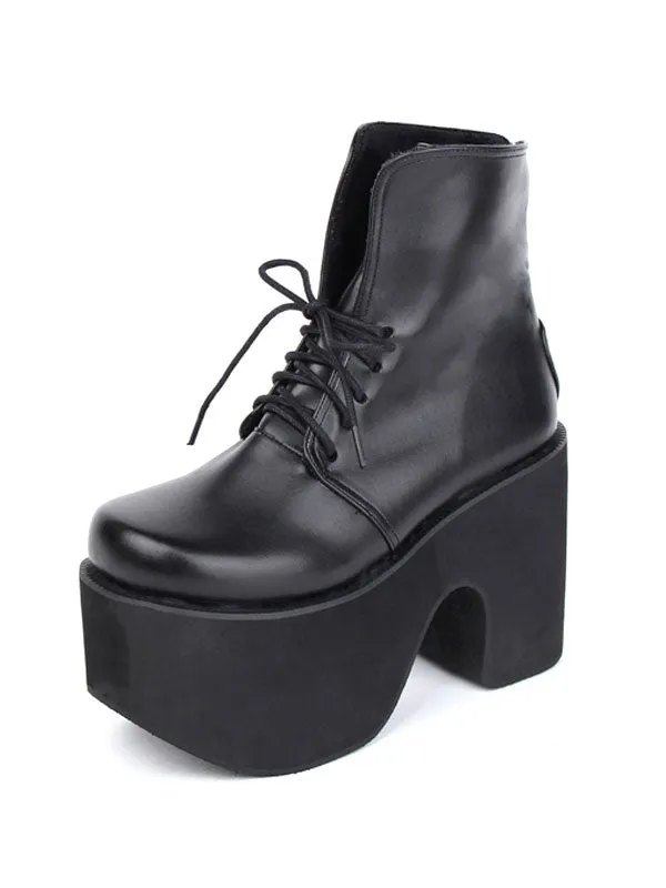 Black Lolita Boots Chunky Heel Platform Lace Up Short Boots