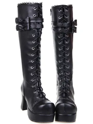 Black Lolita Boots Chunky Heels Platform Shoelace Straps Bows