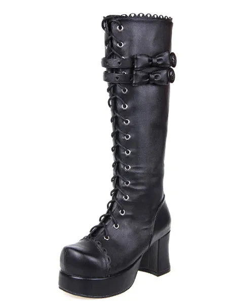 Black Lolita Boots Chunky Heels Platform Shoelace Straps Bows