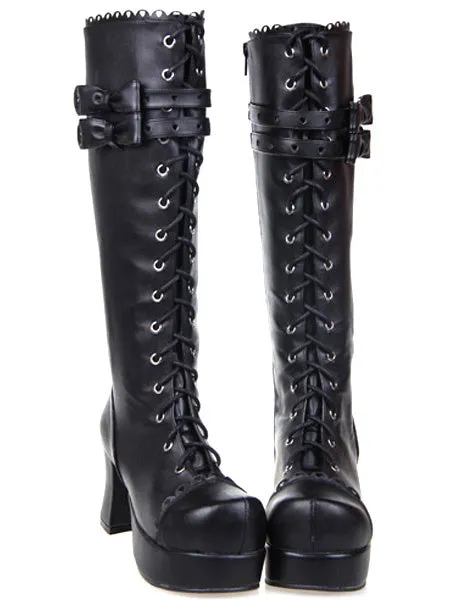 Black Lolita Boots Chunky Heels Platform Shoelace Straps Bows