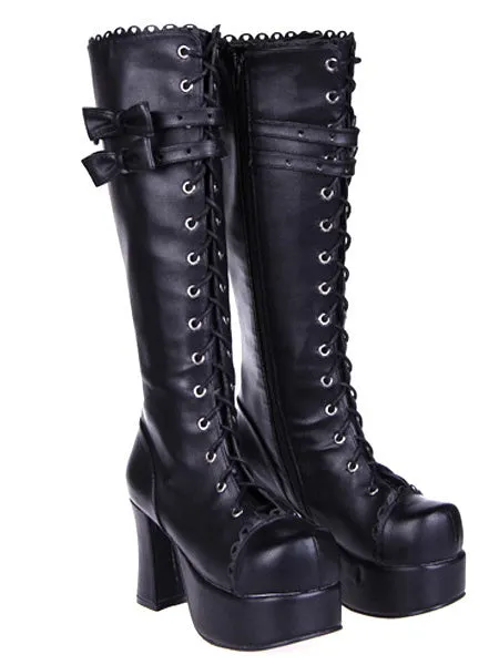 Black Lolita Boots Chunky Heels Platform Shoelace Straps Bows