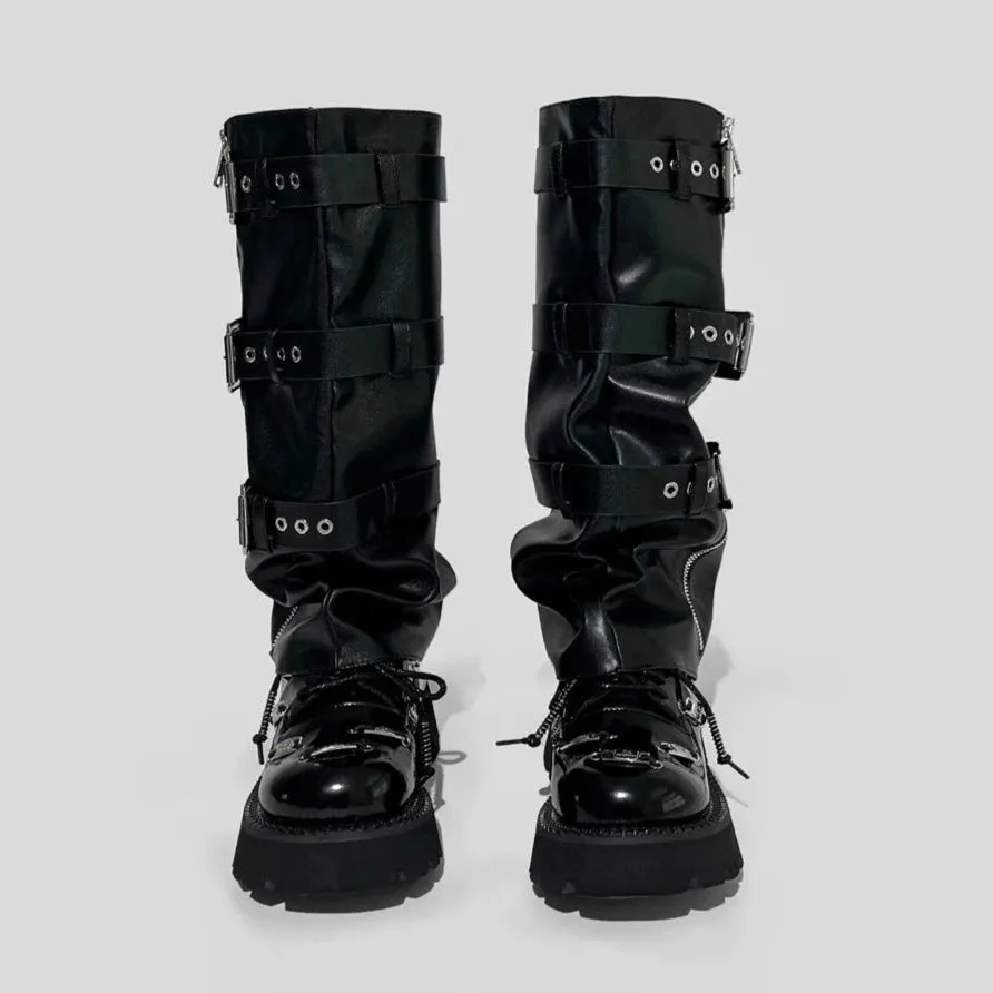 Black Microfiber Leather Punk Style Knee High Boots Round Toe Women Shoes