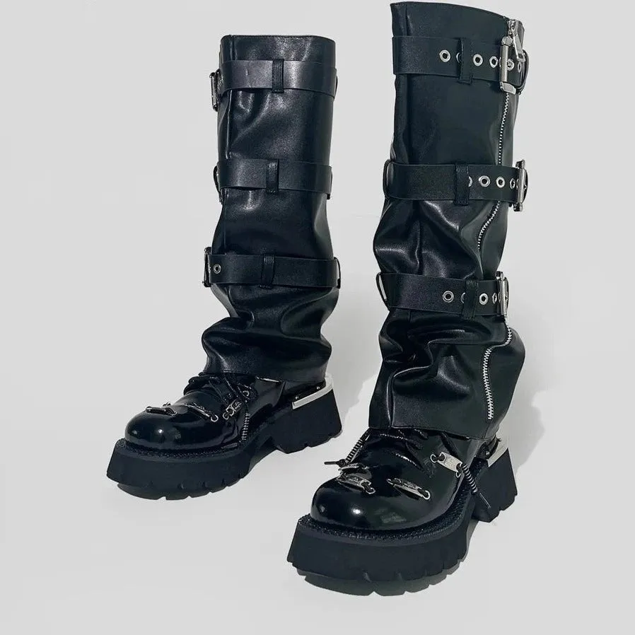 Black Microfiber Leather Punk Style Knee High Boots Round Toe Women Shoes
