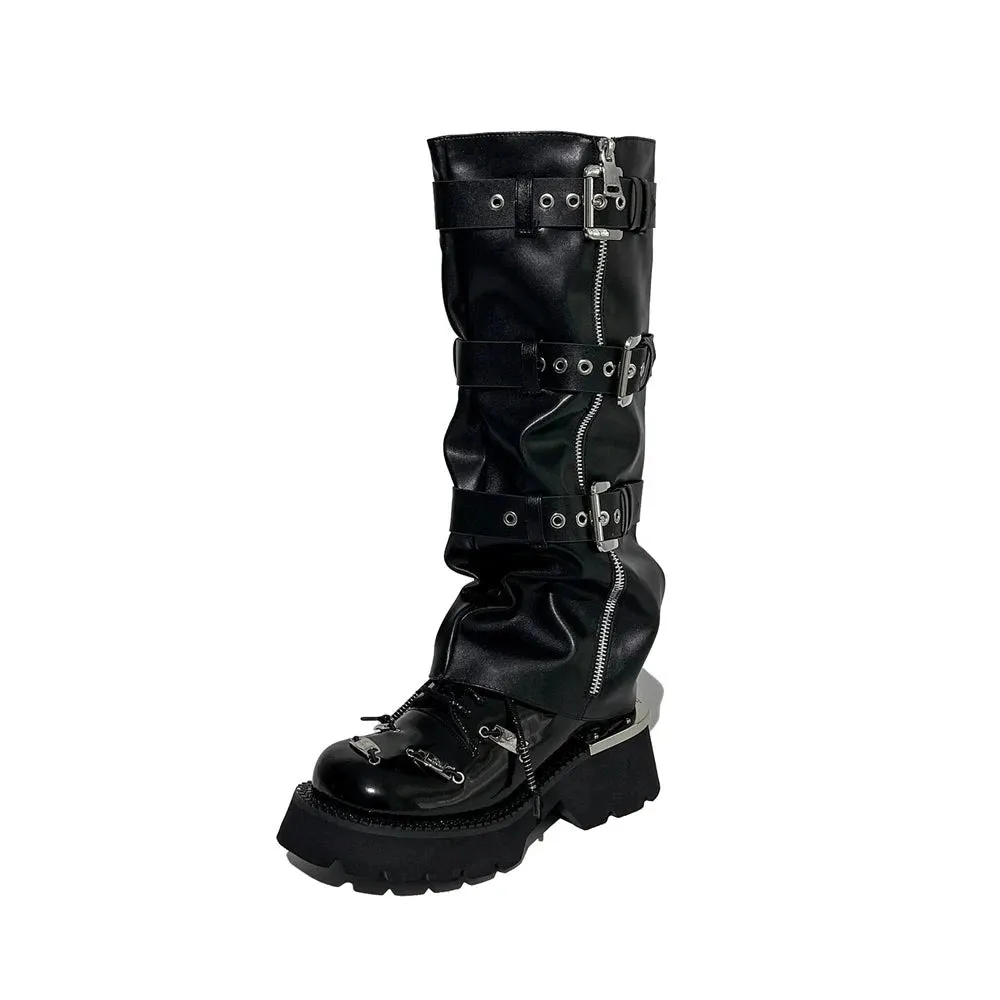 Black Microfiber Leather Punk Style Knee High Boots Round Toe Women Shoes