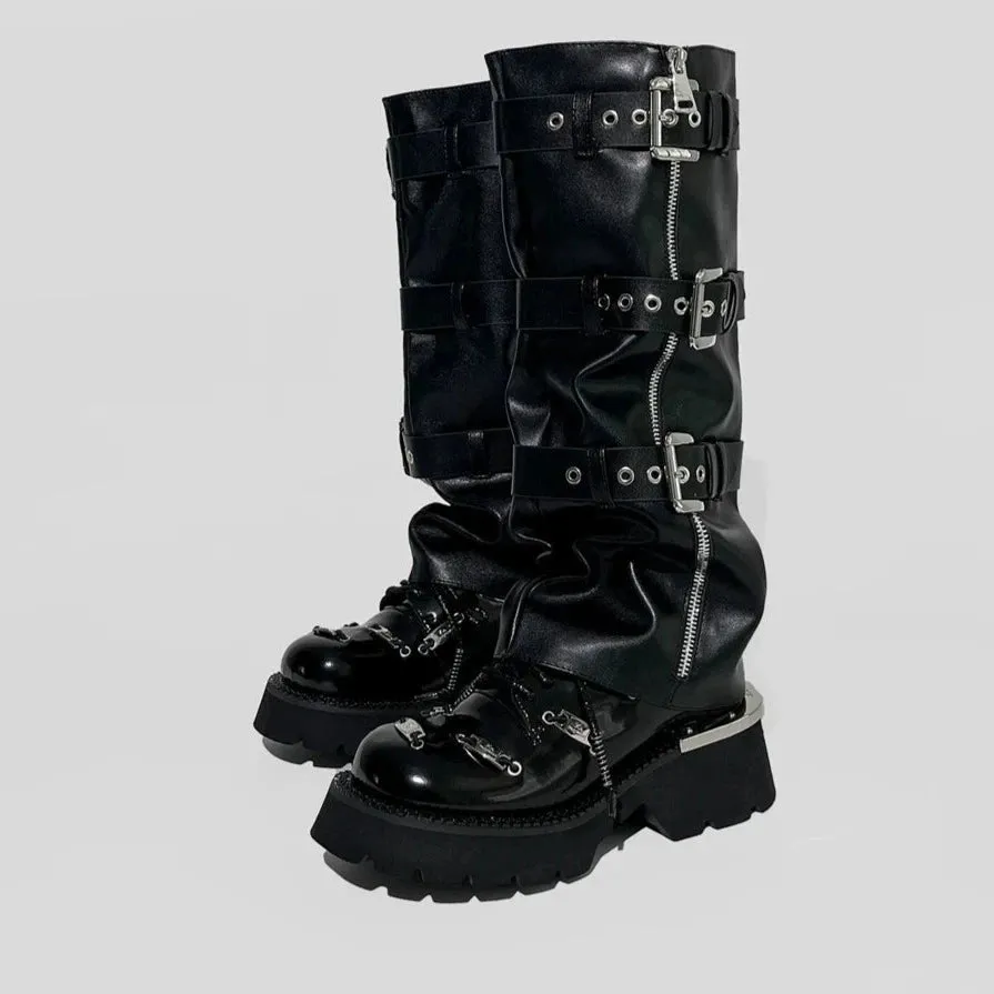 Black Microfiber Leather Punk Style Knee High Boots Round Toe Women Shoes