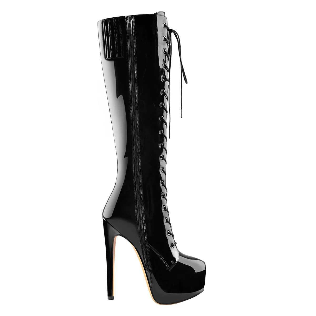 Black Platform Lace-Up Knee High Stiletto Boots