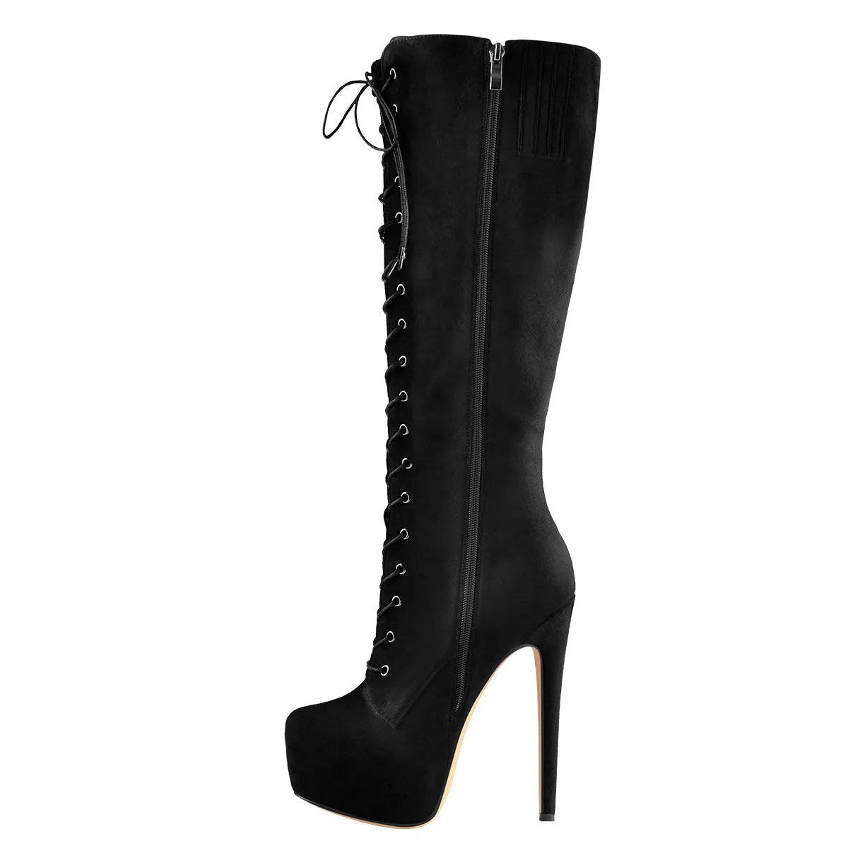 Black Platform Lace-Up Knee High Stiletto Boots
