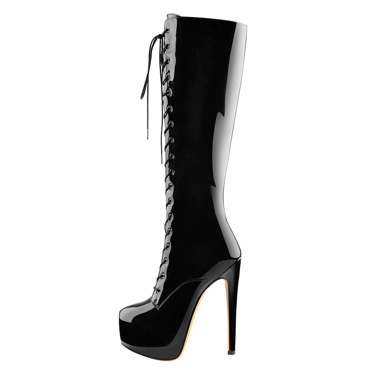 Black Platform Lace-Up Knee High Stiletto Boots