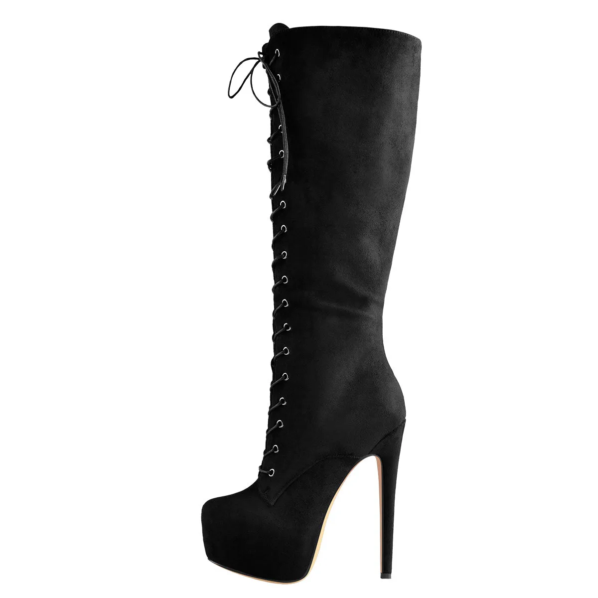 Black Platform Lace-Up Knee High Stiletto Boots