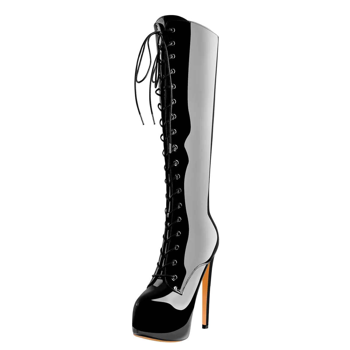 Black Platform Lace-Up Knee High Stiletto Boots