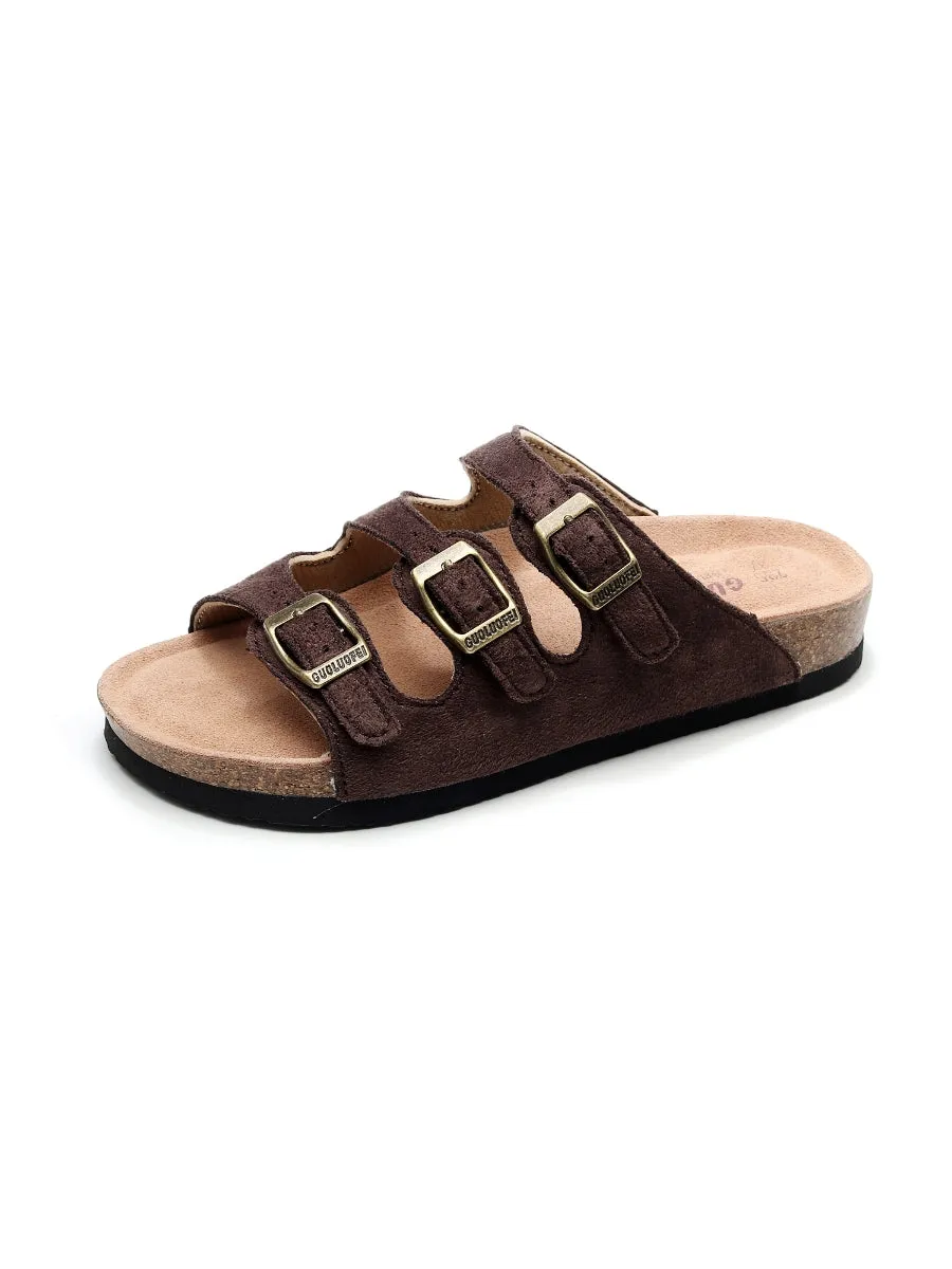 Brown Triple-Buckle Suede Upper Sandal