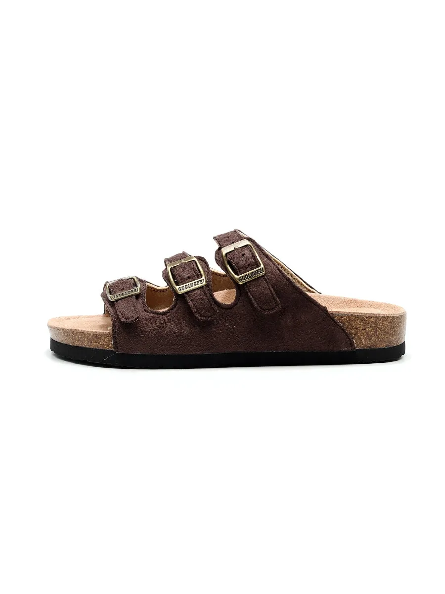 Brown Triple-Buckle Suede Upper Sandal