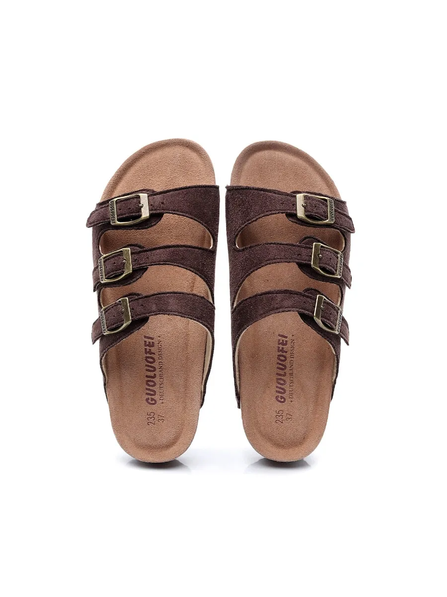 Brown Triple-Buckle Suede Upper Sandal