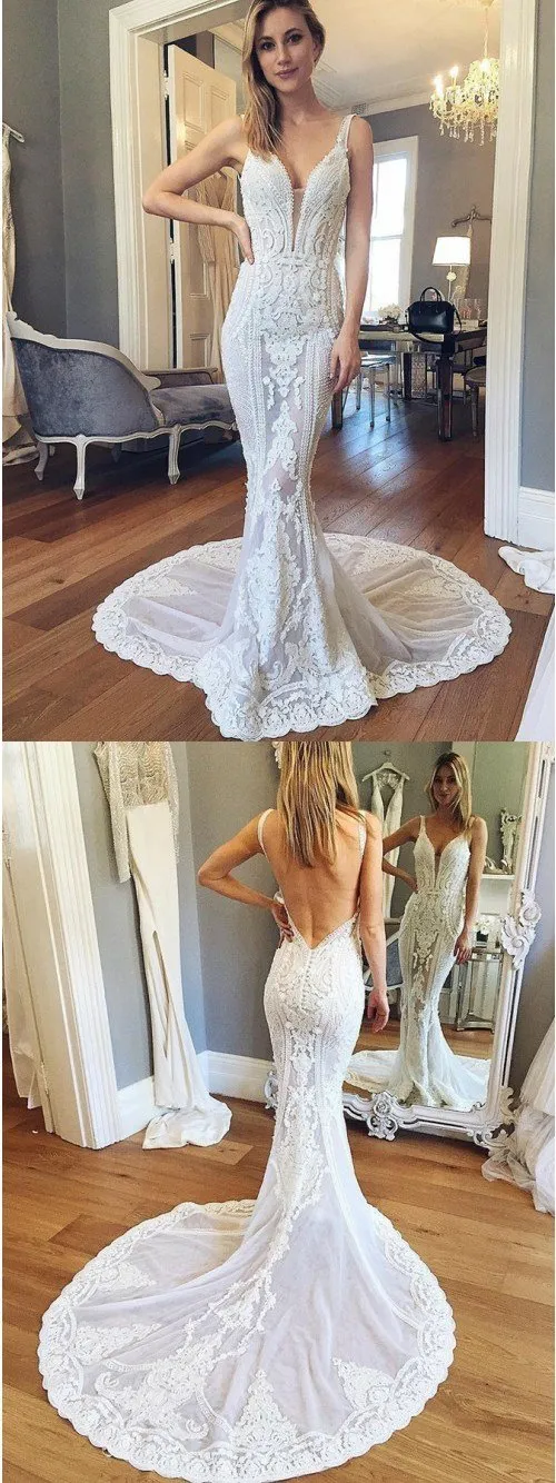 Cheap Beach Simple Mermaid V-Neck Backless Train Court Train Wedding Dress with Appliques, WD0087