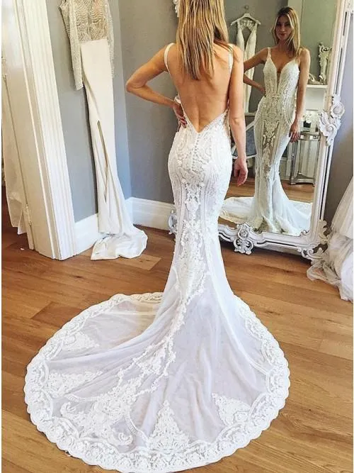 Cheap Beach Simple Mermaid V-Neck Backless Train Court Train Wedding Dress with Appliques, WD0087