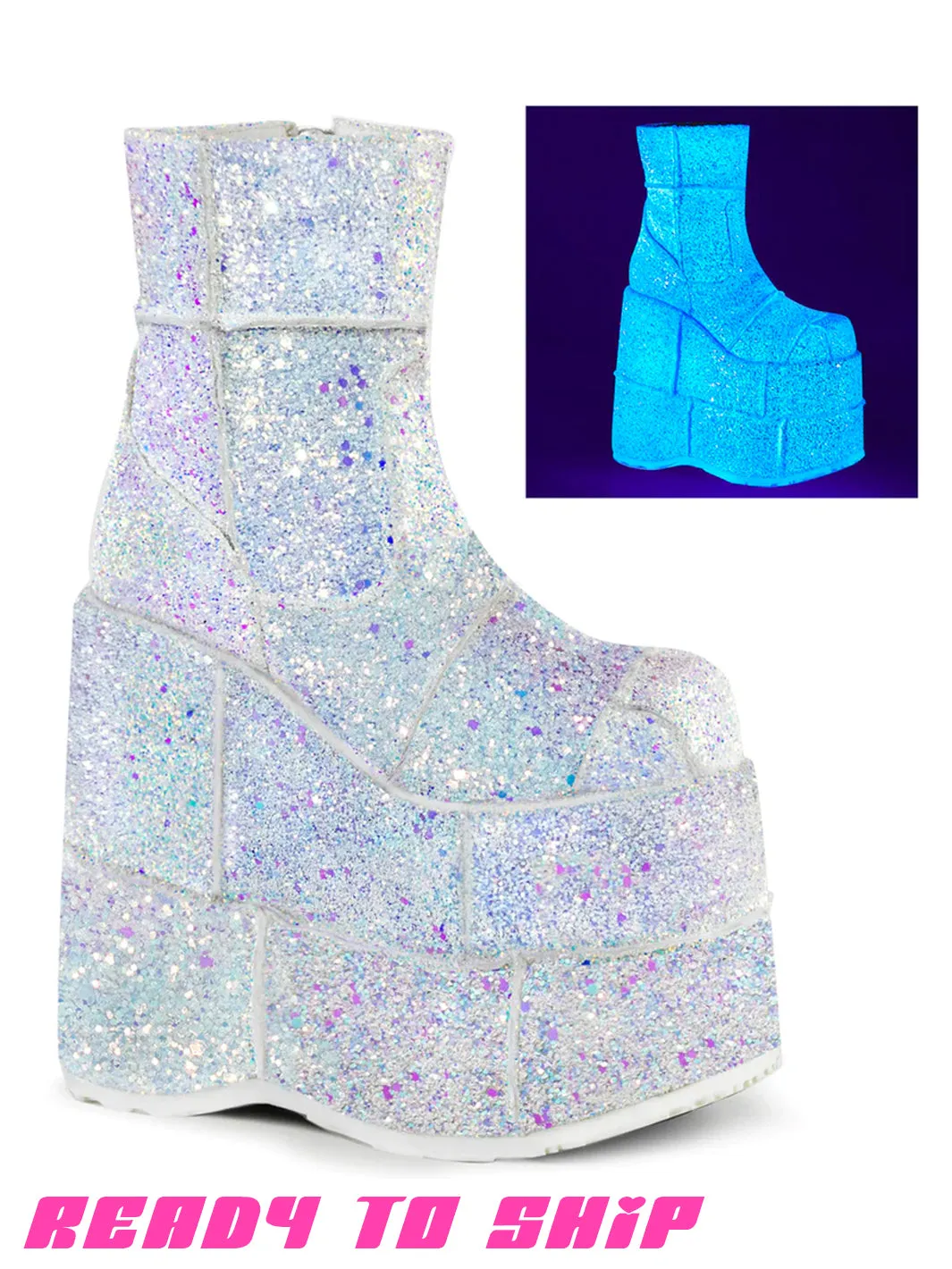 DEMONIA STACK 201G BOOTS - WHITE HOLOGRAM GLITTER