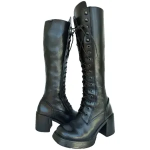 DESTROY Platform Lace Up Zip Vintage Y2K Tall Black Leather Boots