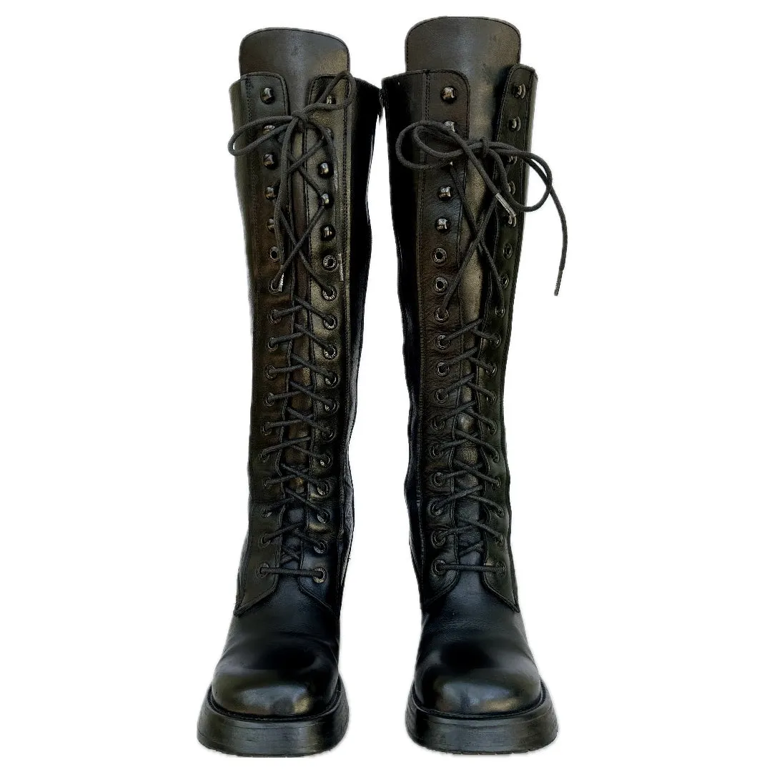 DESTROY Platform Lace Up Zip Vintage Y2K Tall Black Leather Boots