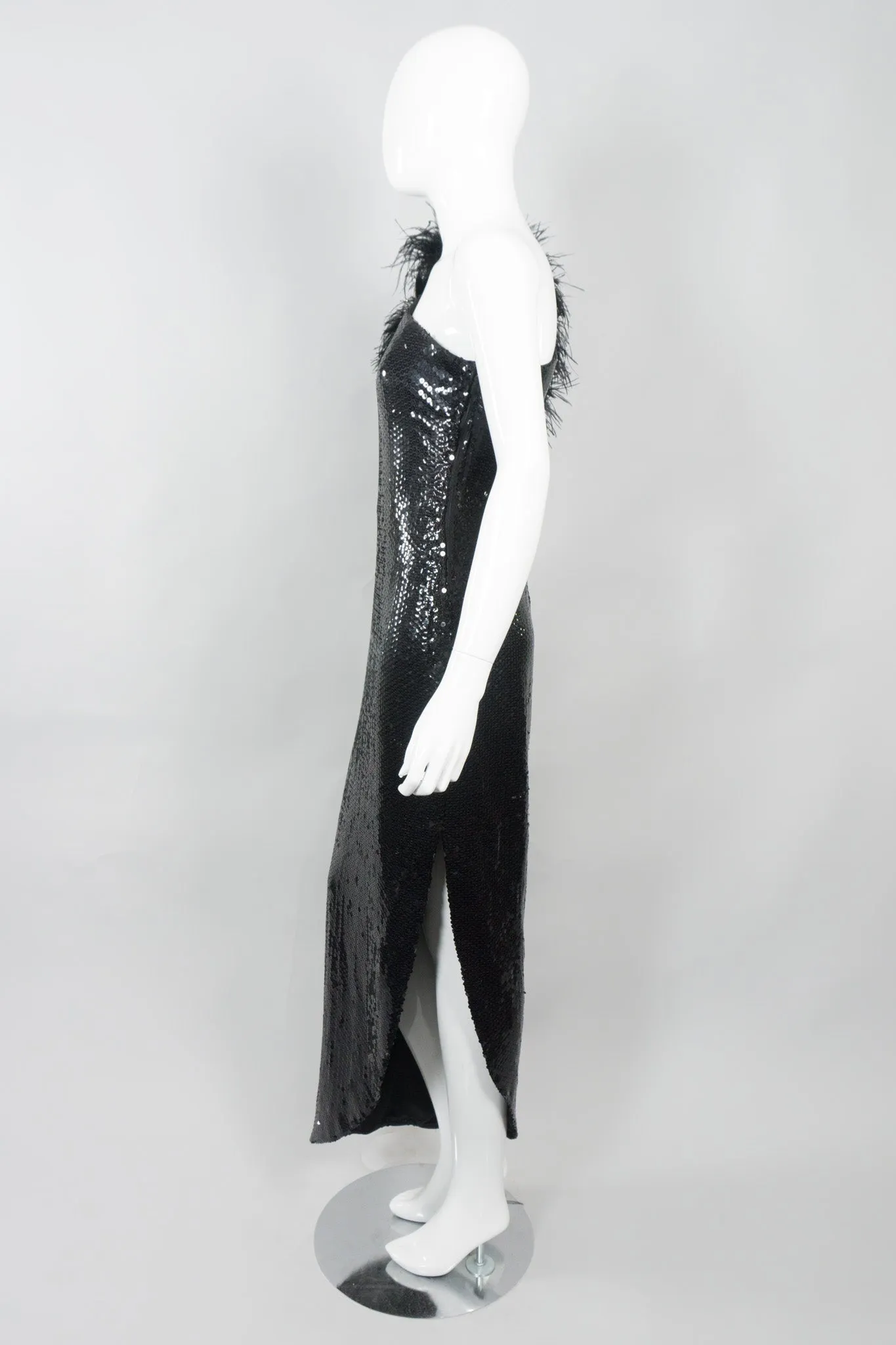 Feather One-Shoulder Sequin Gown