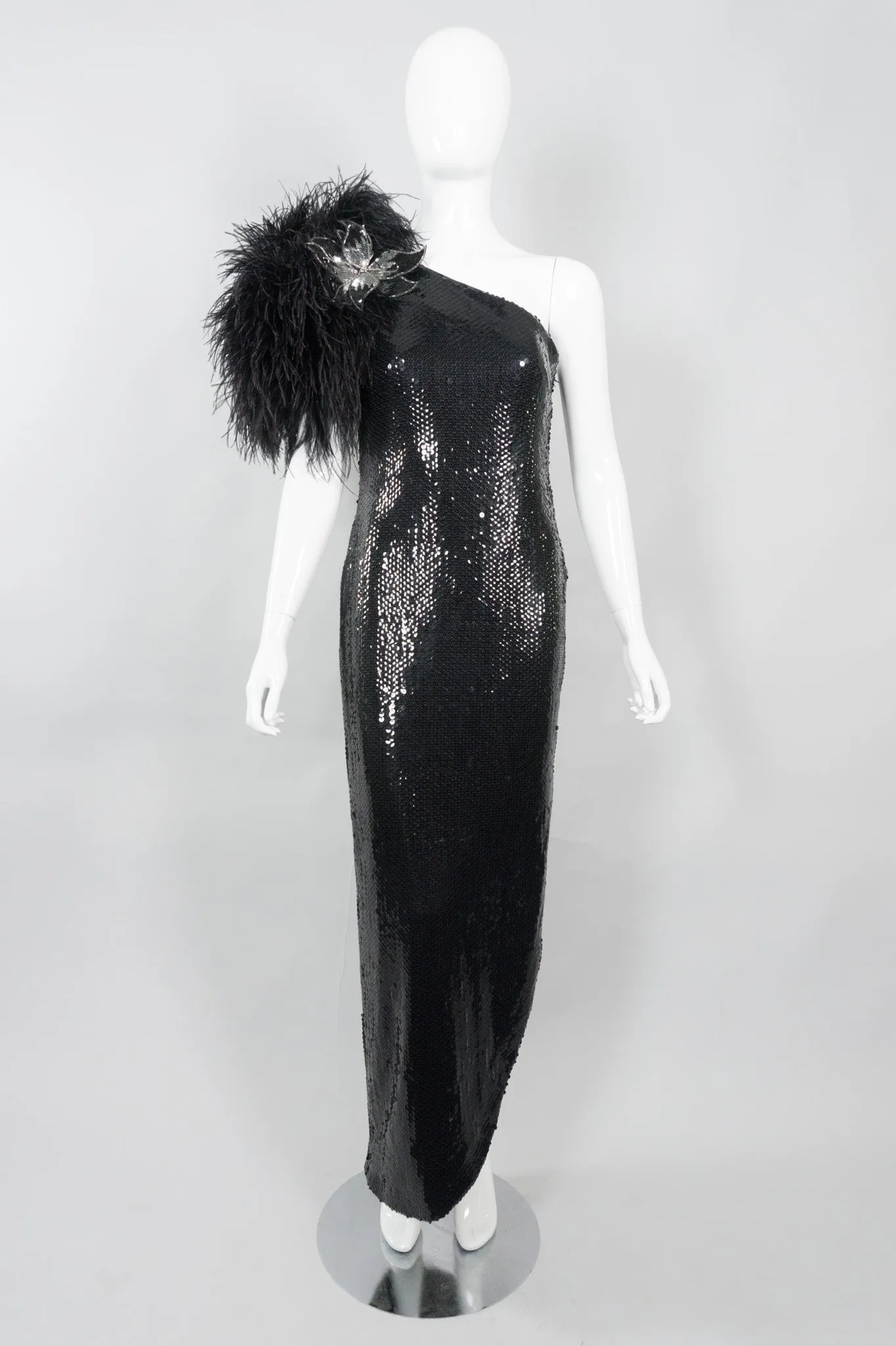 Feather One-Shoulder Sequin Gown