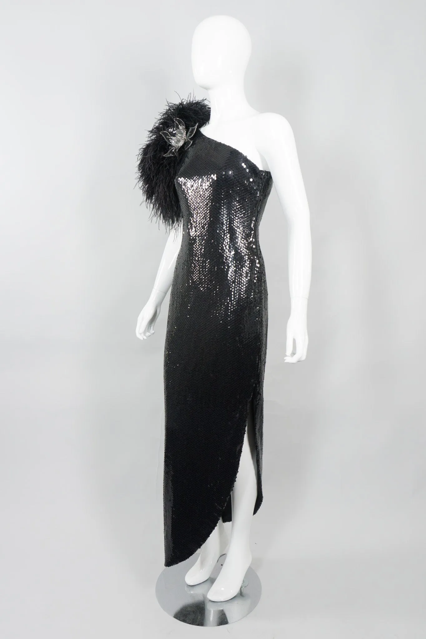 Feather One-Shoulder Sequin Gown